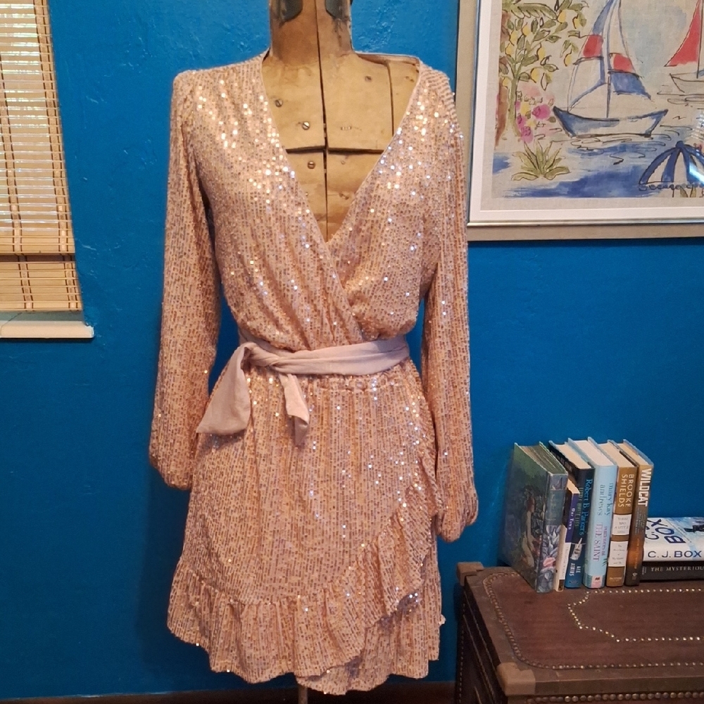 Sequin Wrap Dress in Pink